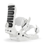 White snowboard binding with padded straps and Union logo heel plate