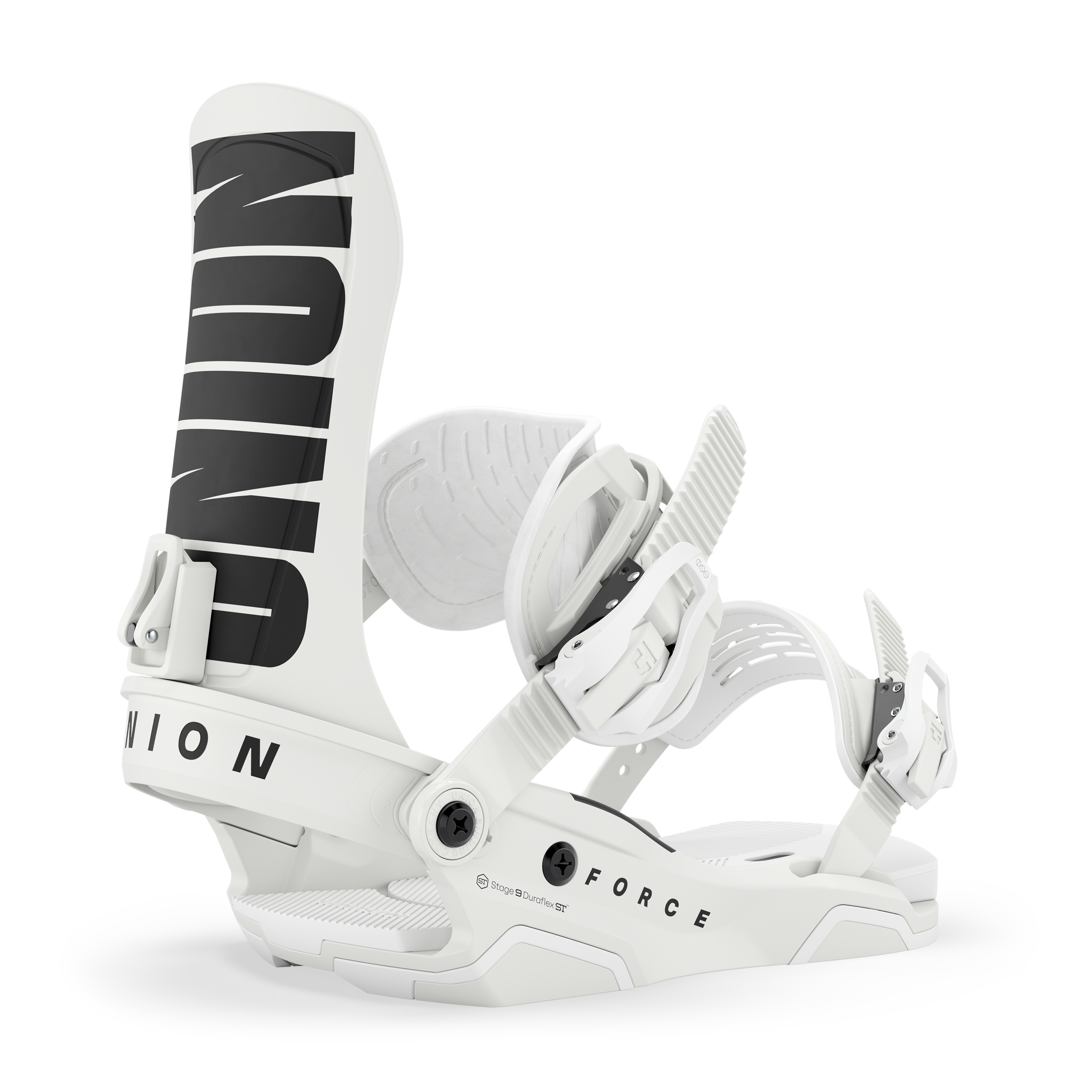 White snowboard binding with padded straps and Union logo heel plate