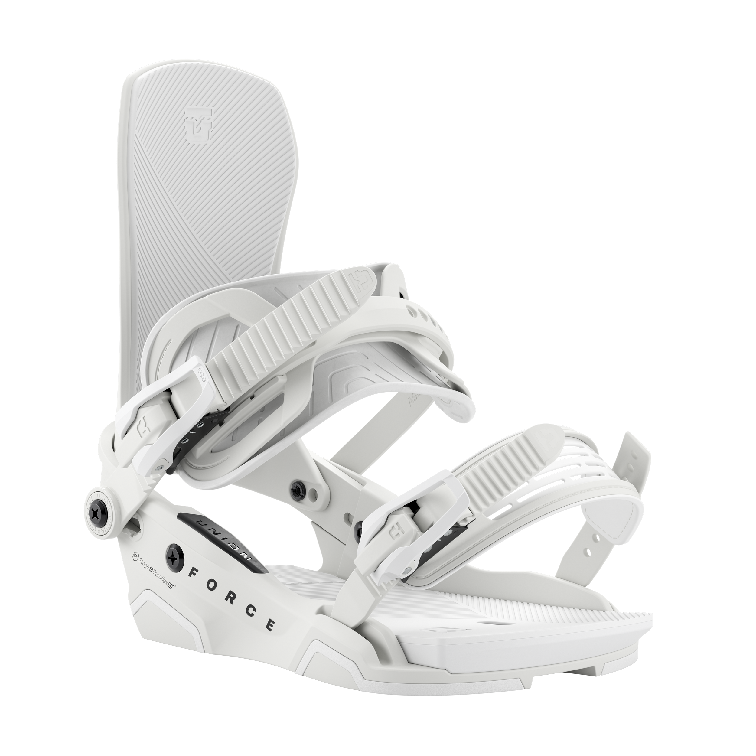 White snowboard binding side view with rigid base and adjustable toe straps