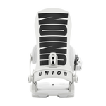 White snowboard binding with black strap pads and Union logo on the base