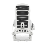 White snowboard binding with black strap pads and Union logo on the base