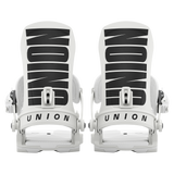 Pair of white snowboard bindings with black strap pads and Union branding