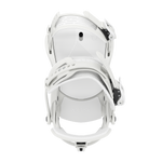 White snowboard binding showing top plate, straps, and buckles