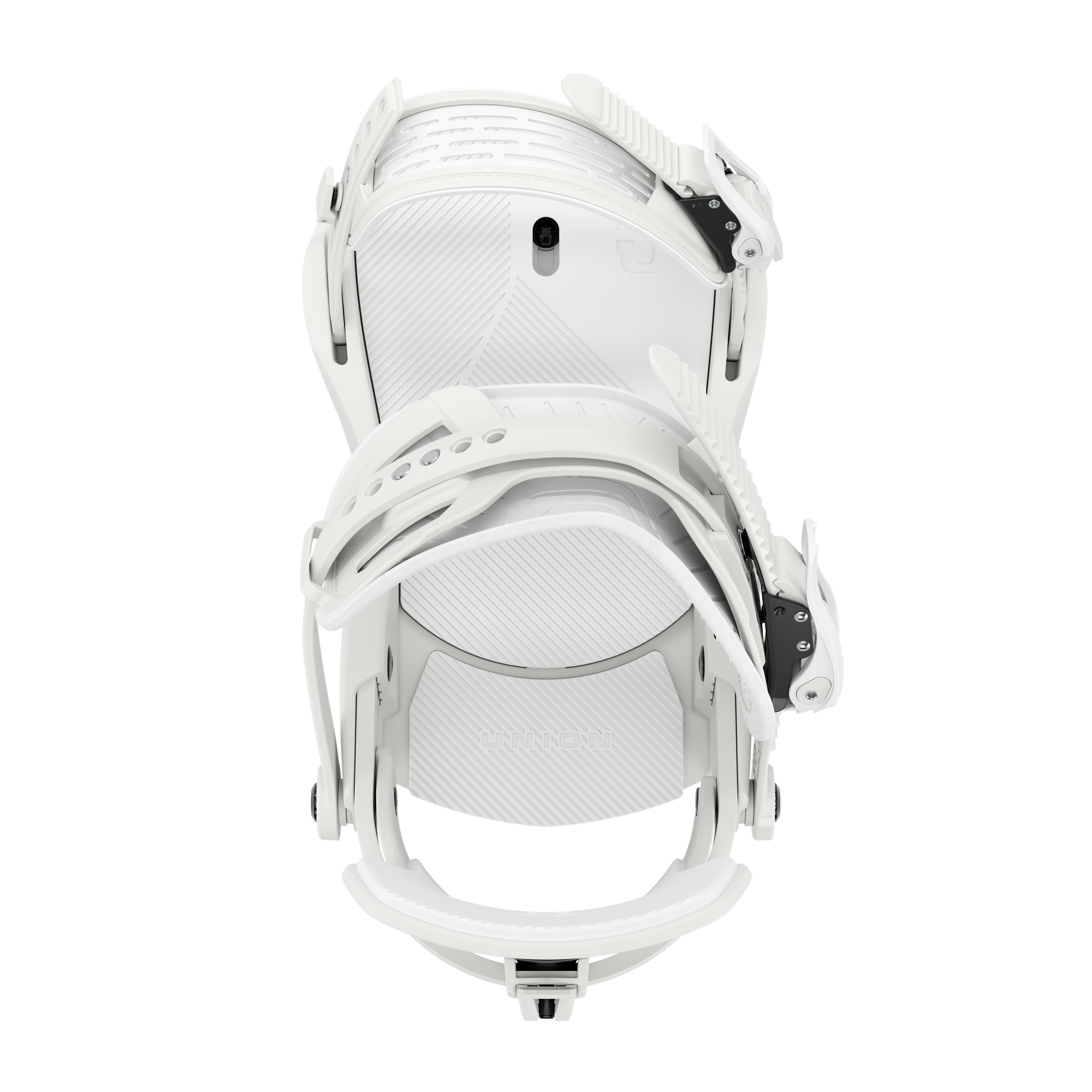 White snowboard binding showing top plate, straps, and buckles
