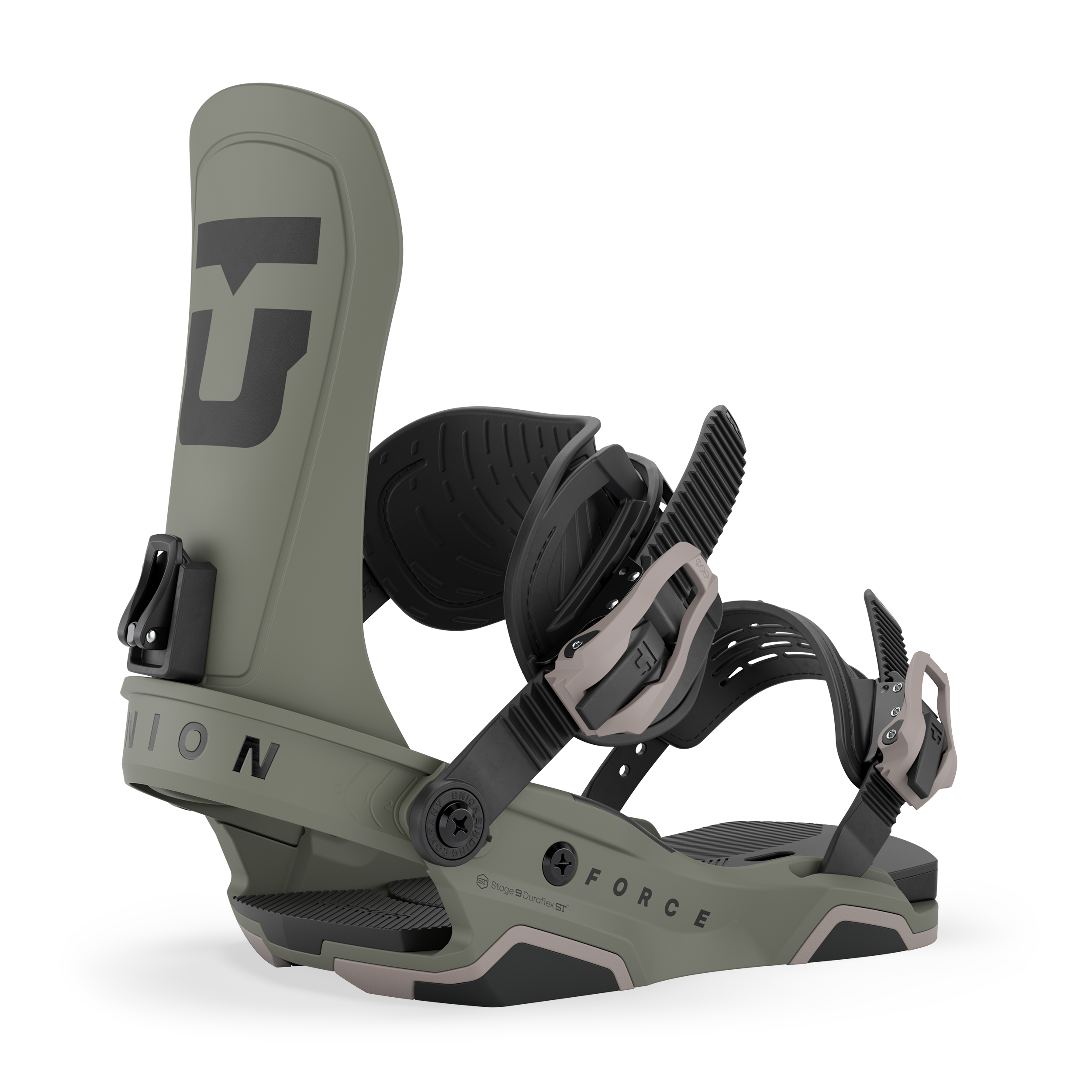 Olive/stone snowboard binding with black straps and FORCE text on base