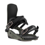 Black snowboard binding with gray binding base and adjustable strap system