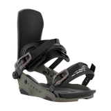 Black snowboard binding with gray binding base and adjustable strap system