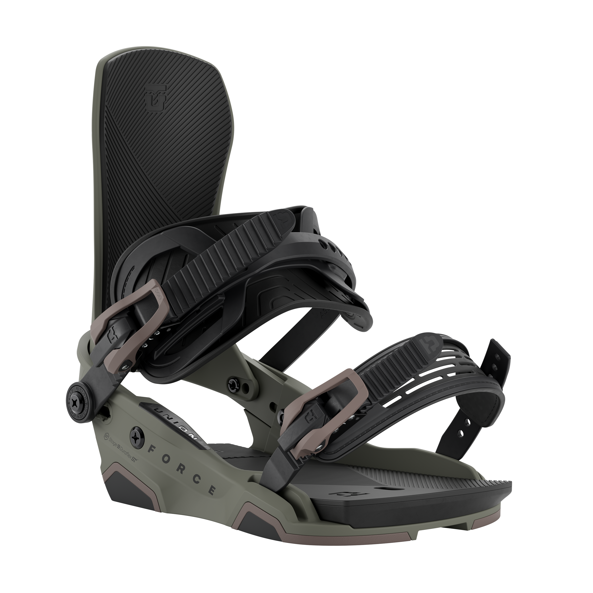 Black snowboard binding with gray binding base and adjustable strap system