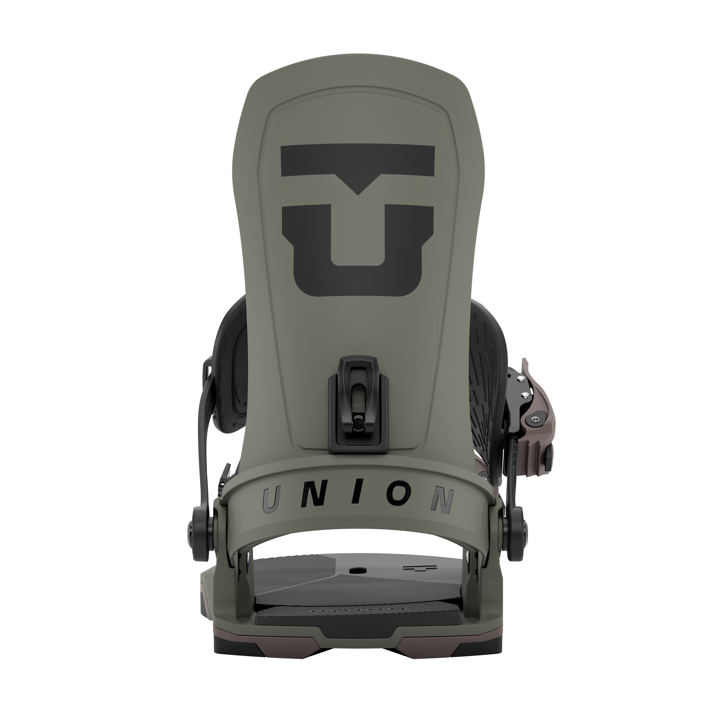 Olive/stone snowboard binding with black strap pads and Union logo