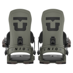 Pair of olive/stone snowboard bindings with black strap pads and Union logo