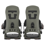 Pair of olive/stone snowboard bindings with black strap pads and Union logo