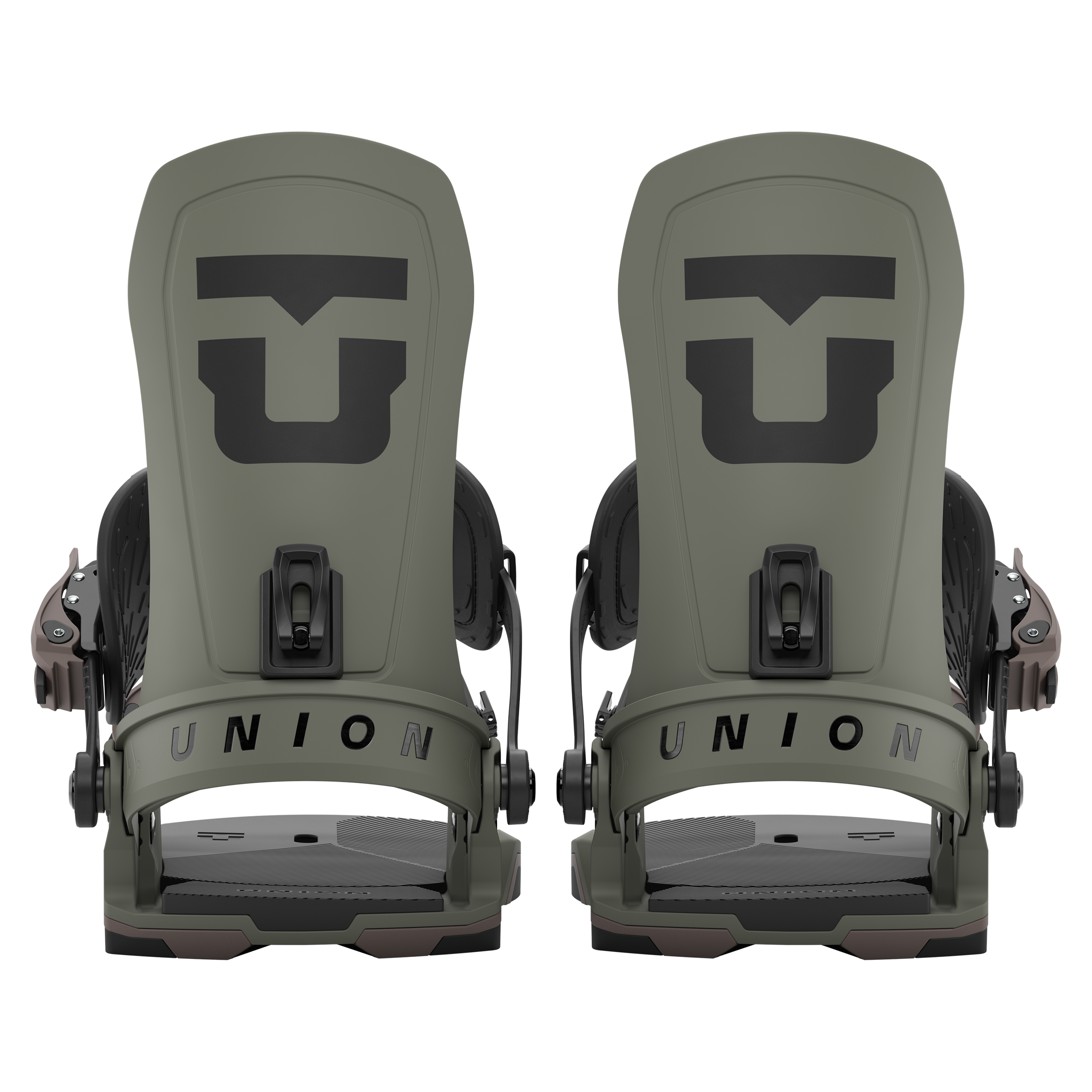 Pair of olive/stone snowboard bindings with black strap pads and Union logo