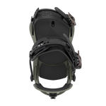 Dark snowboard binding with black top plate and dark-green base cushioning