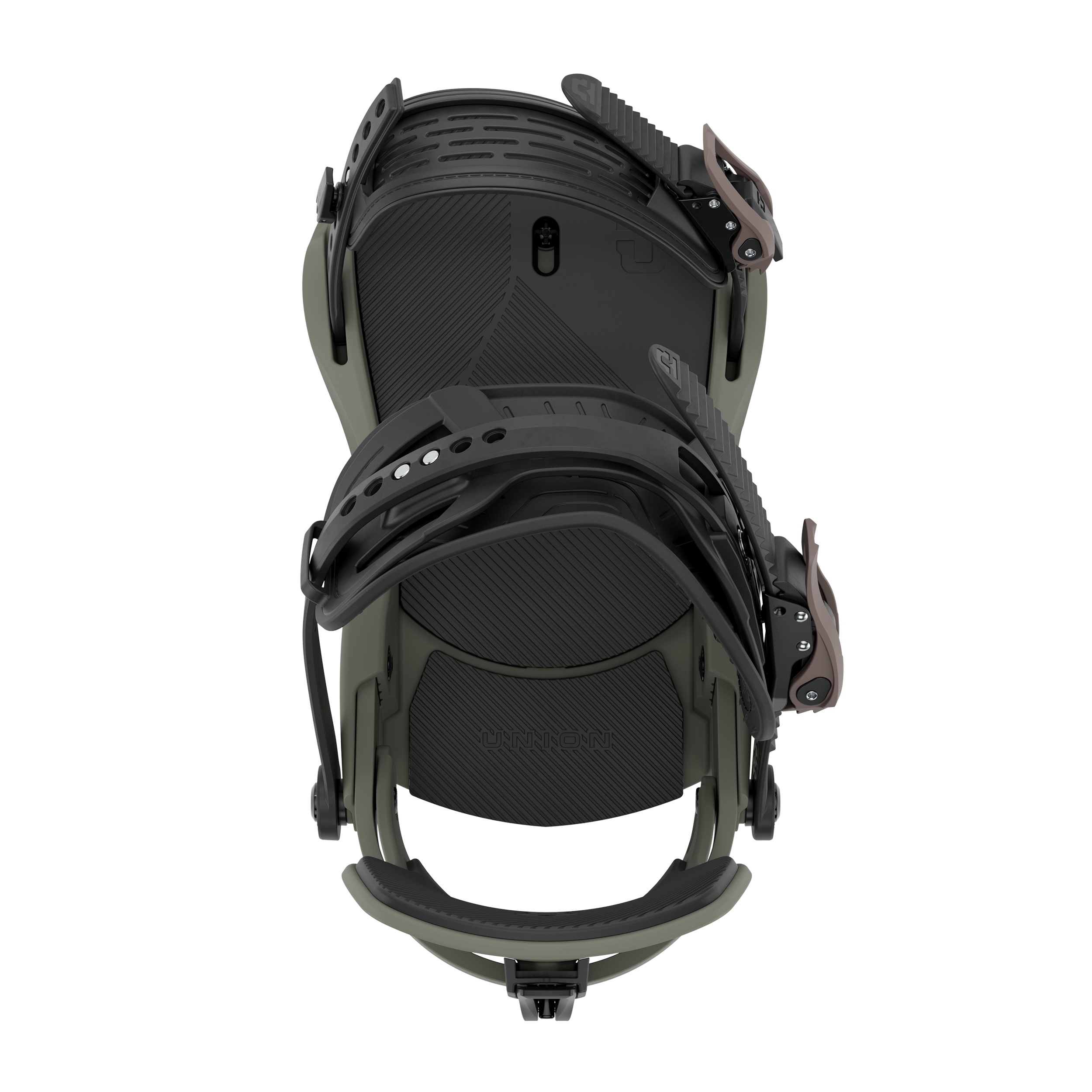 Dark snowboard binding with black top plate and dark-green base cushioning