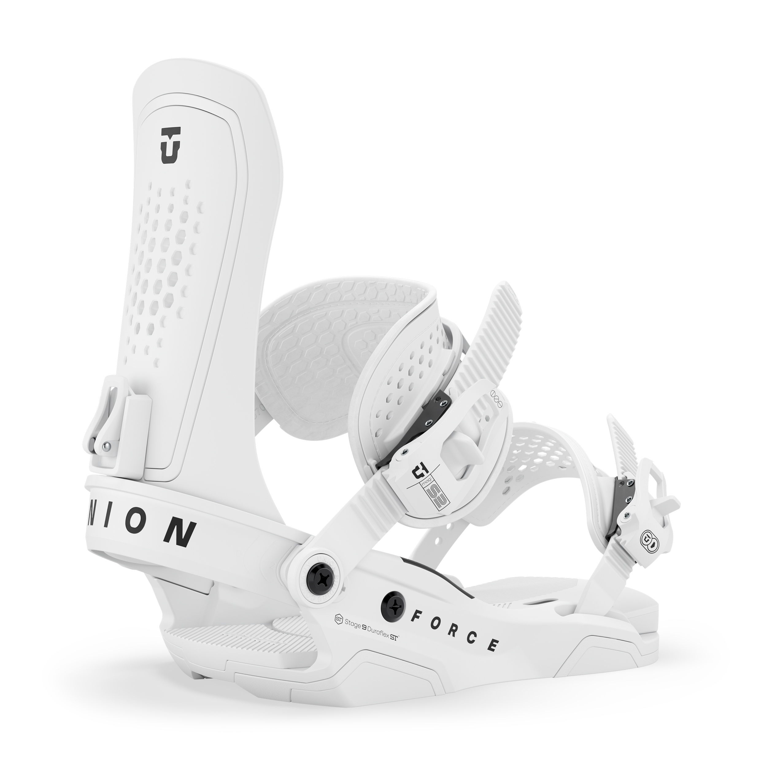 Union Force men’s snowboard binding, white side view with highback and strap system