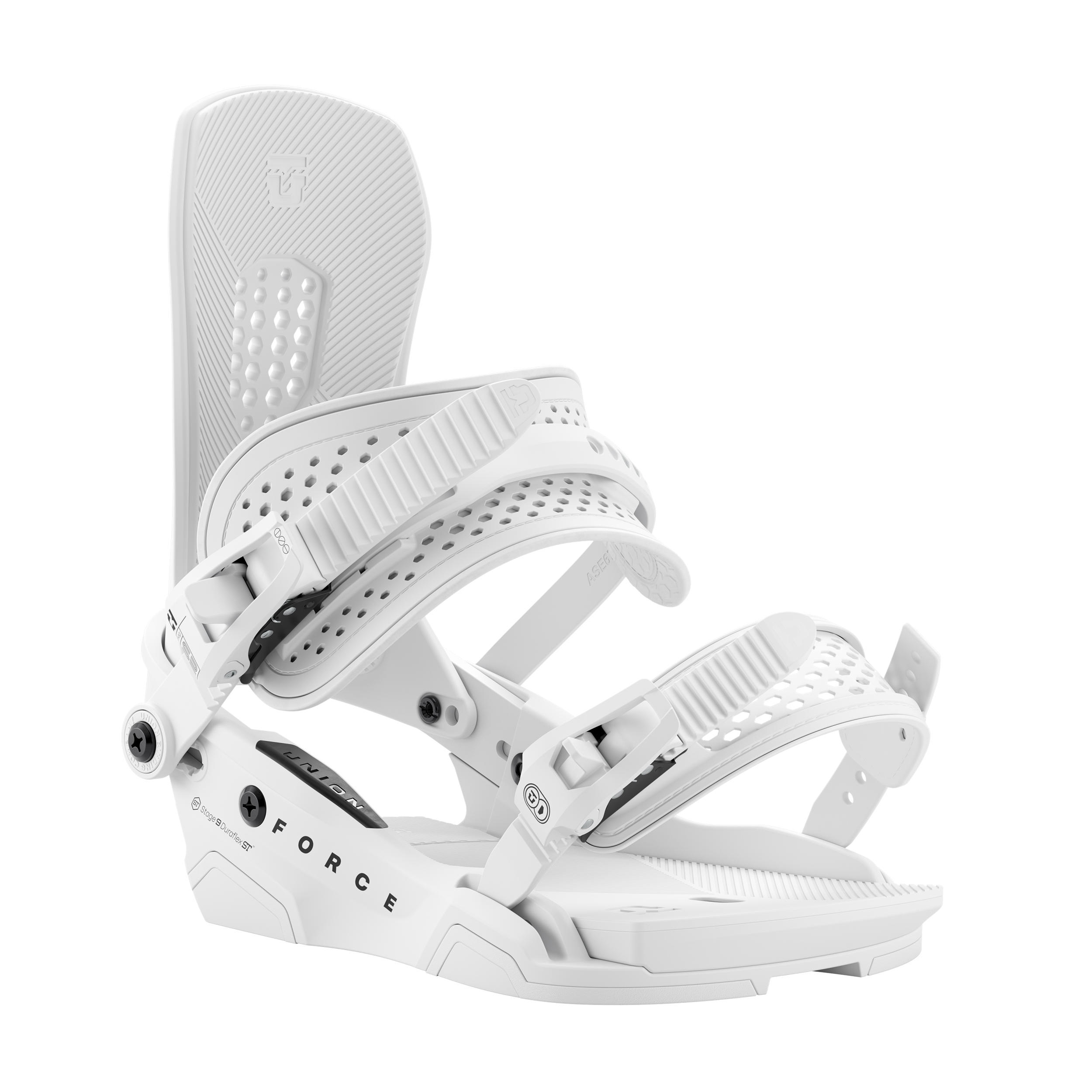 Union Force men’s snowboard binding, white angled view showing base plate and straps
