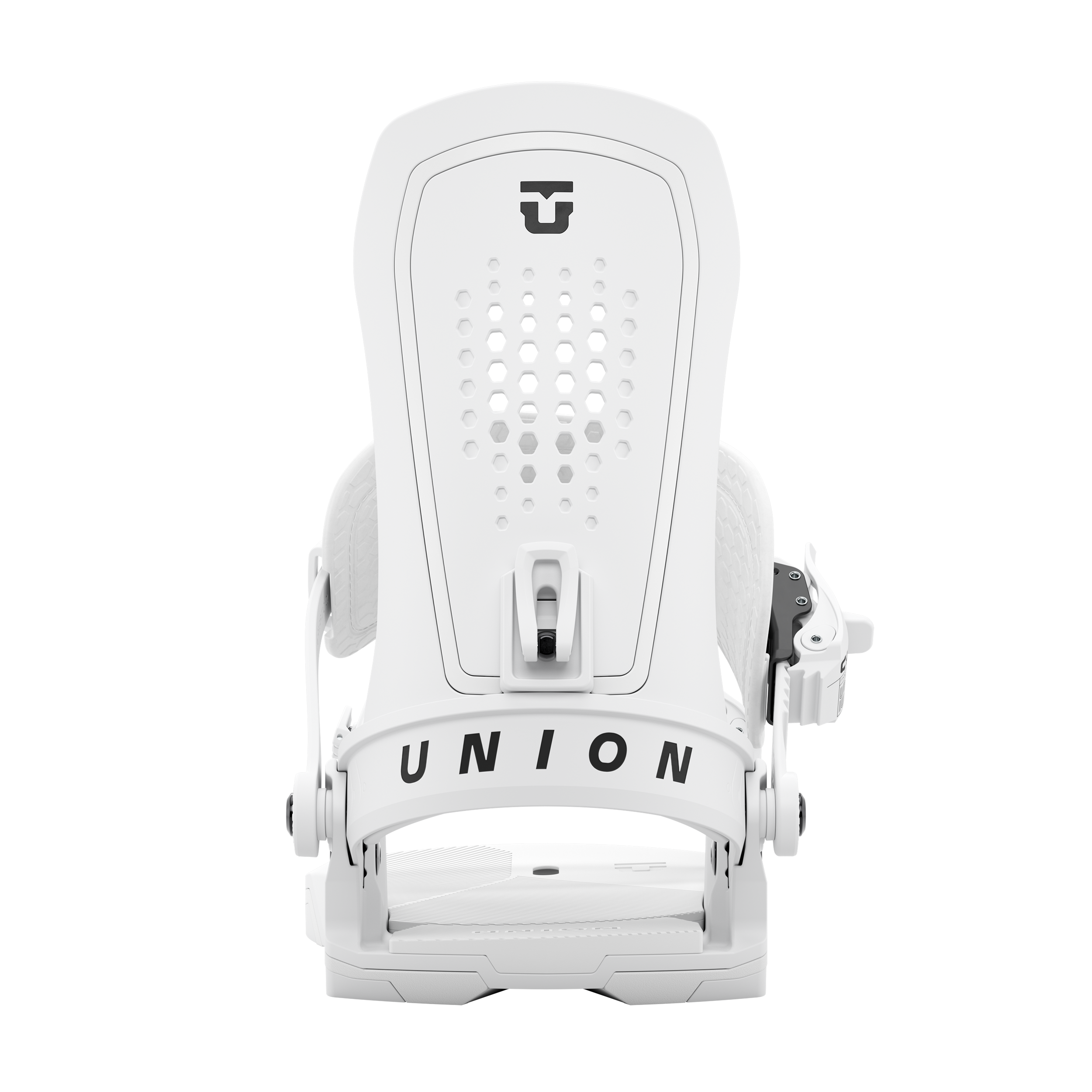 Union Force men’s snowboard binding, white front view with highback and buckle lever