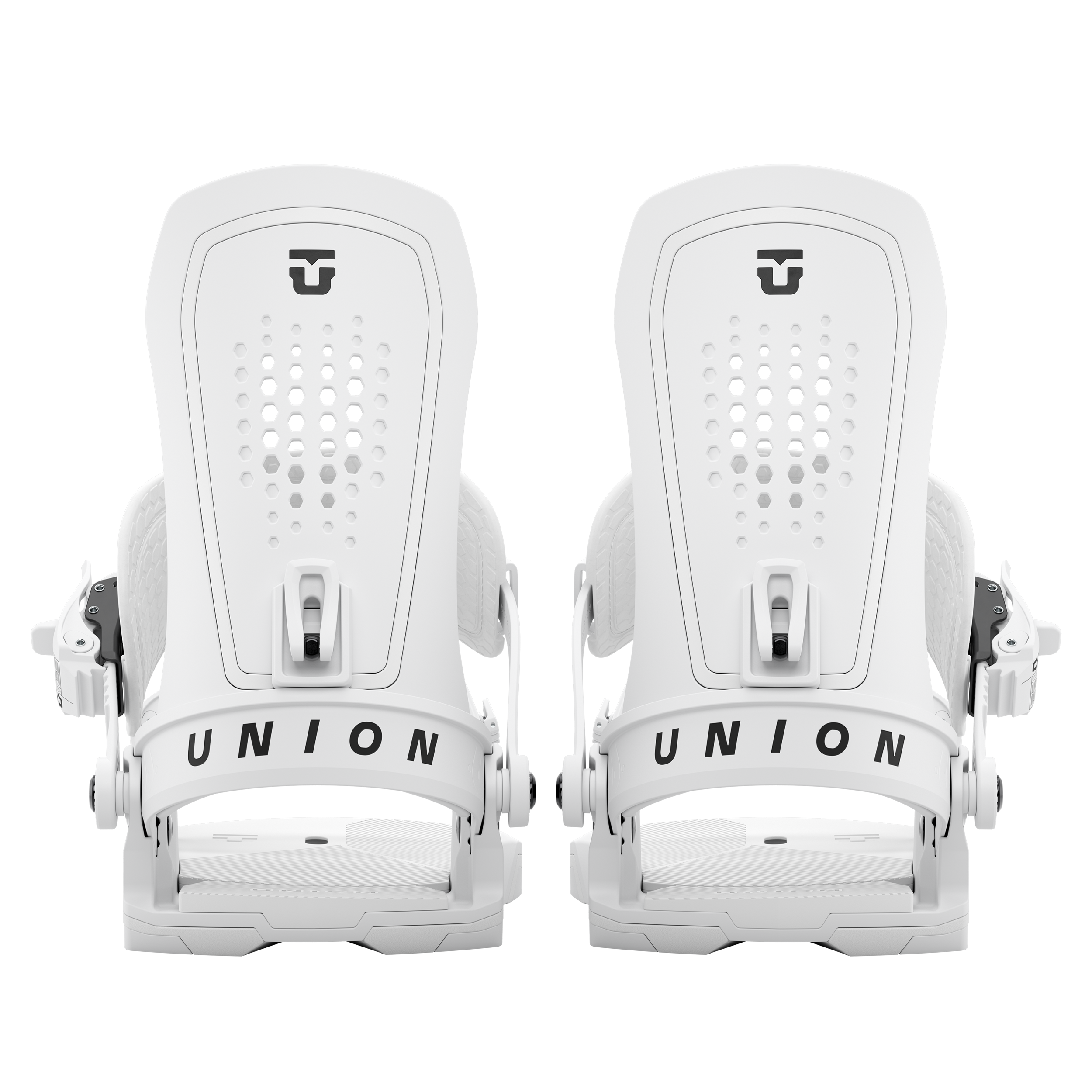 Union Force men’s snowboard binding, white pair front view showing two highbacks