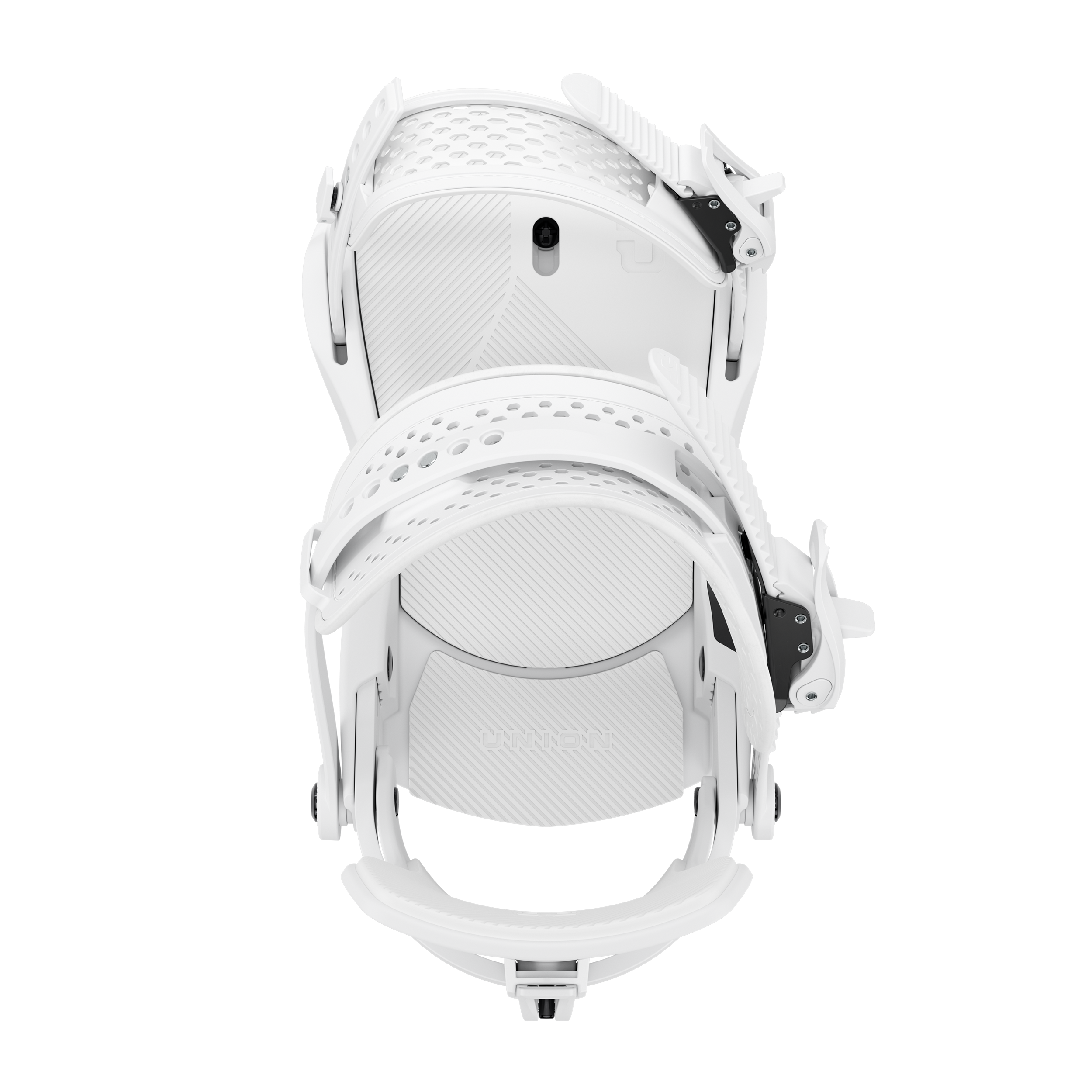 Union Force men’s snowboard binding, white front-side view with footbed and ankle straps