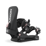 Black snowboard binding angled view with high back, foot straps, and padded base