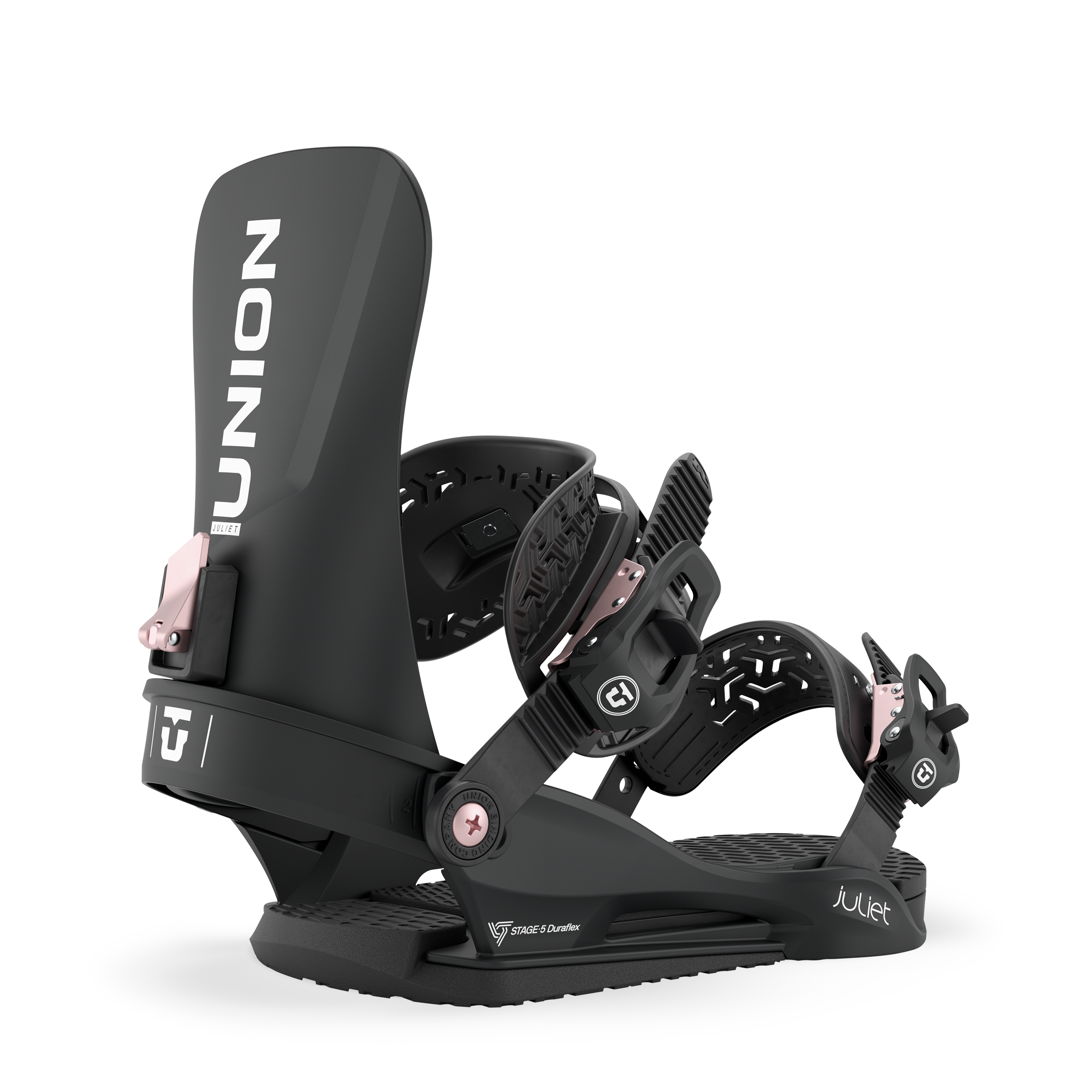 Black snowboard binding angled view with high back, foot straps, and padded base