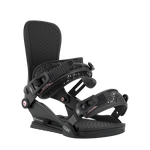 Black snowboard binding angled view with textured footbed and adjustable straps