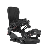 Black snowboard binding angled view with textured footbed and adjustable straps