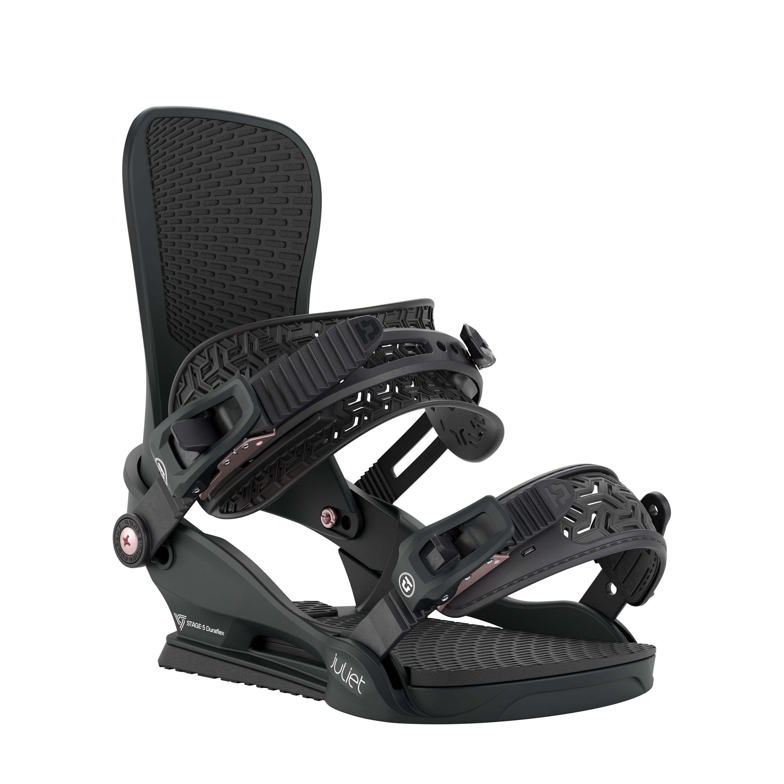 Black snowboard binding angled view with textured footbed and adjustable straps
