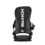 Black snowboard binding front view with high back, ankle strap, and toe strap