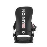 Black snowboard binding front view with high back, ankle strap, and toe strap
