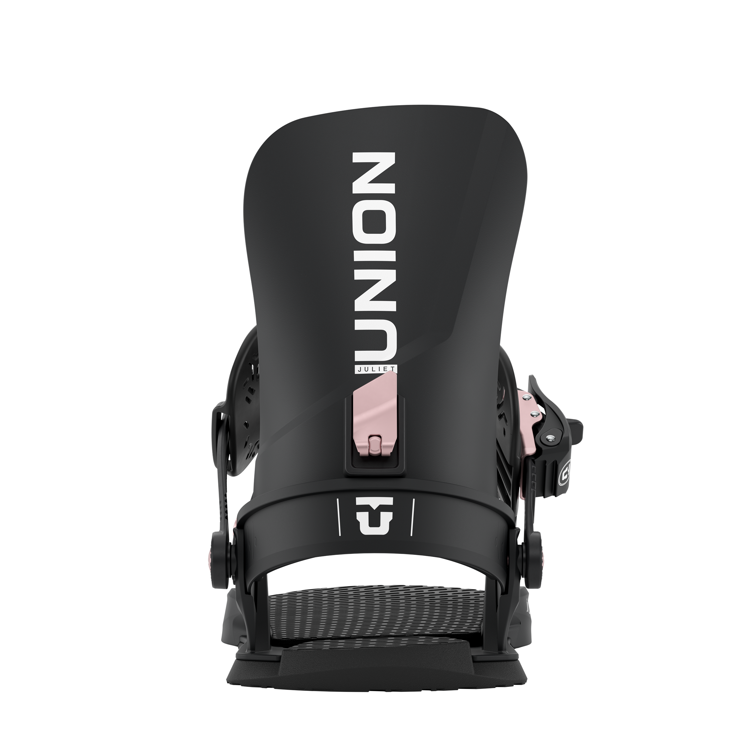 Black snowboard binding front view with high back, ankle strap, and toe strap