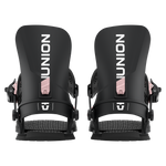 Black snowboard binding set with high back, toe straps, and adjustable buckles