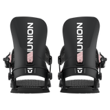 Black snowboard binding set with high back, toe straps, and adjustable buckles