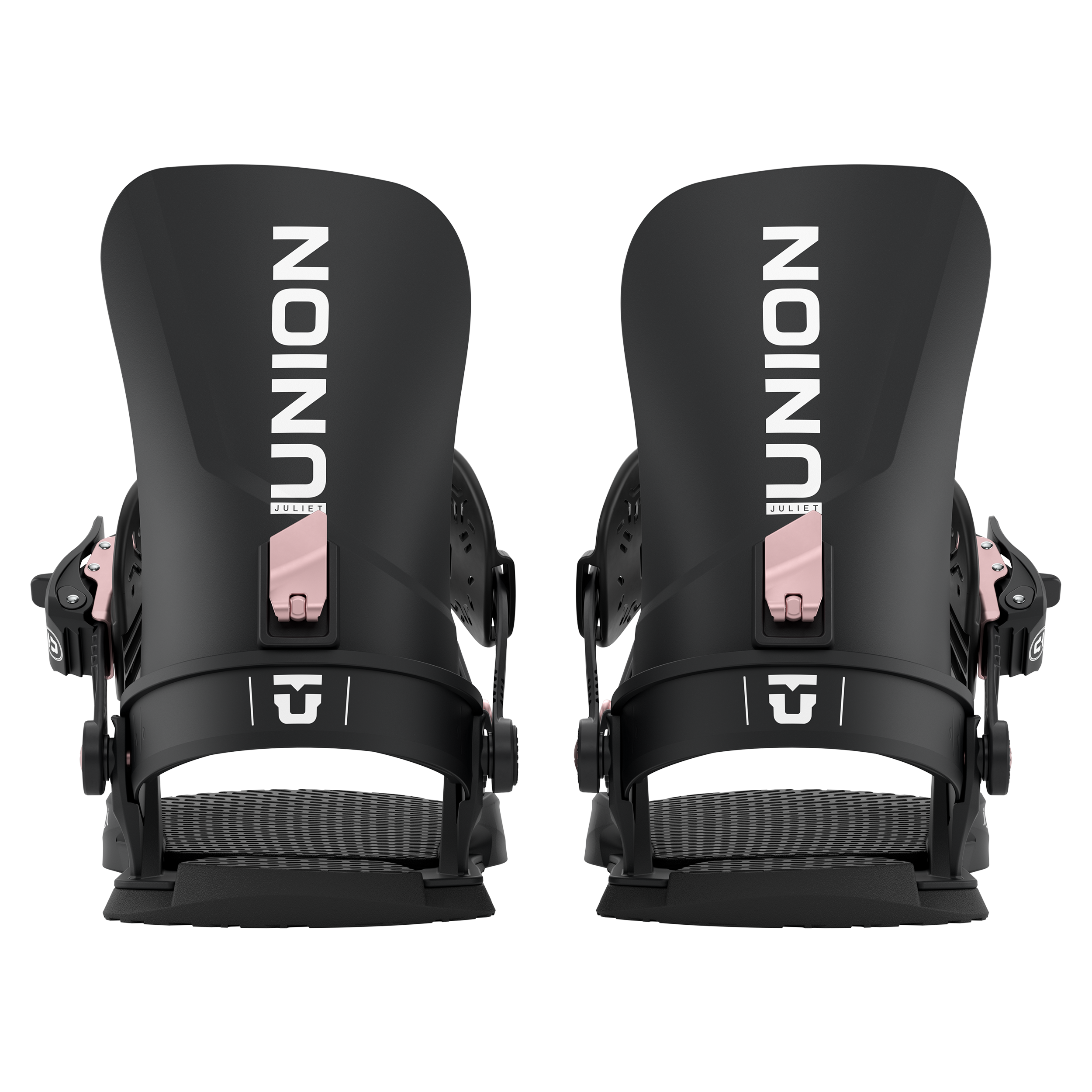 Black snowboard binding set with high back, toe straps, and adjustable buckles