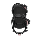 Black snowboard binding from above view with textured baseplate and straps