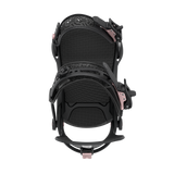 Black snowboard binding from above view with textured baseplate and straps