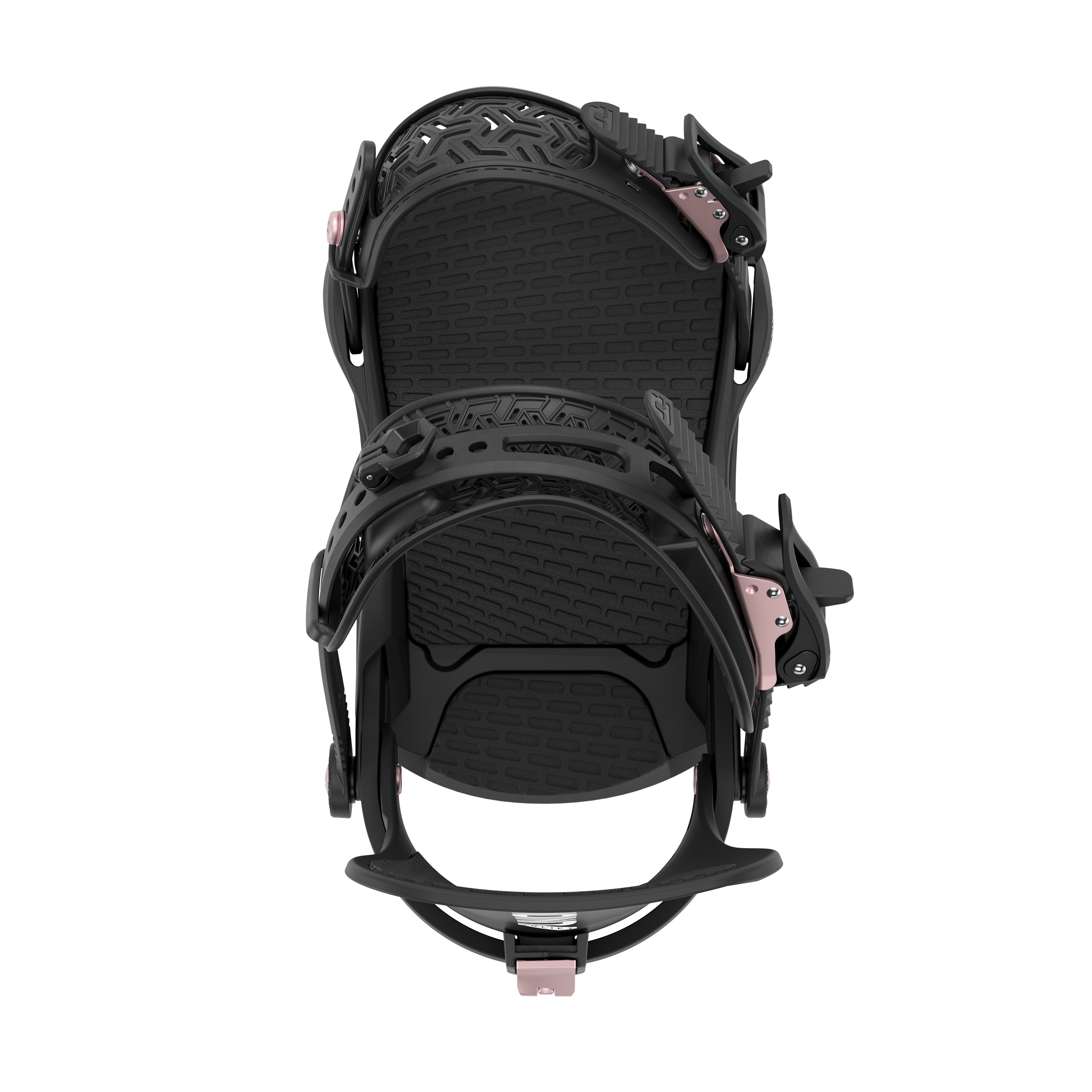 Black snowboard binding from above view with textured baseplate and straps