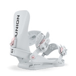 Light grey snowboard binding with high back, toe strap, and cushioned footbed