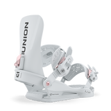 Light grey snowboard binding with high back, toe strap, and cushioned footbed