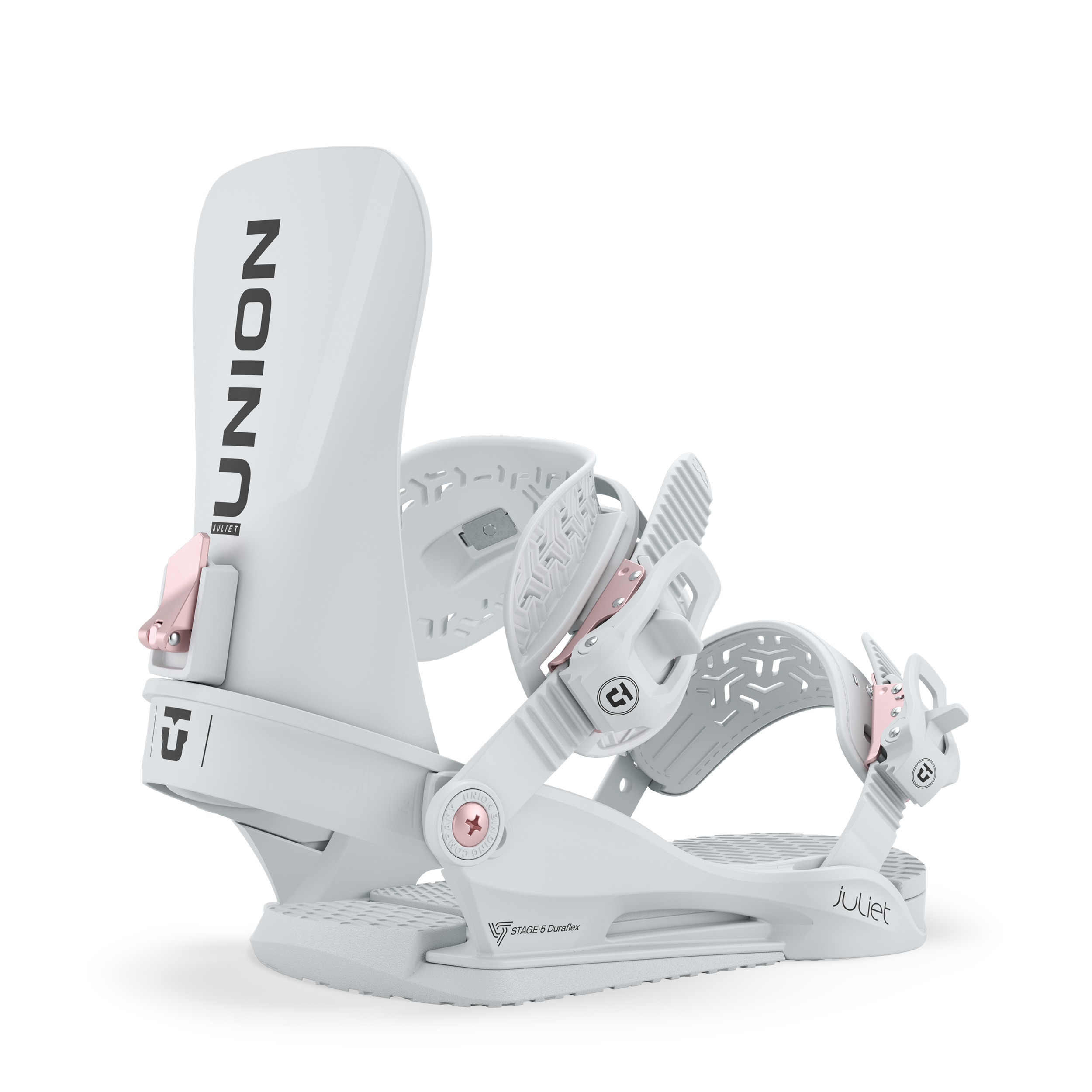 Light grey snowboard binding with high back, toe strap, and cushioned footbed