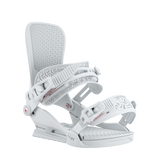 Light grey snowboard binding underside with textured traction pad and straps