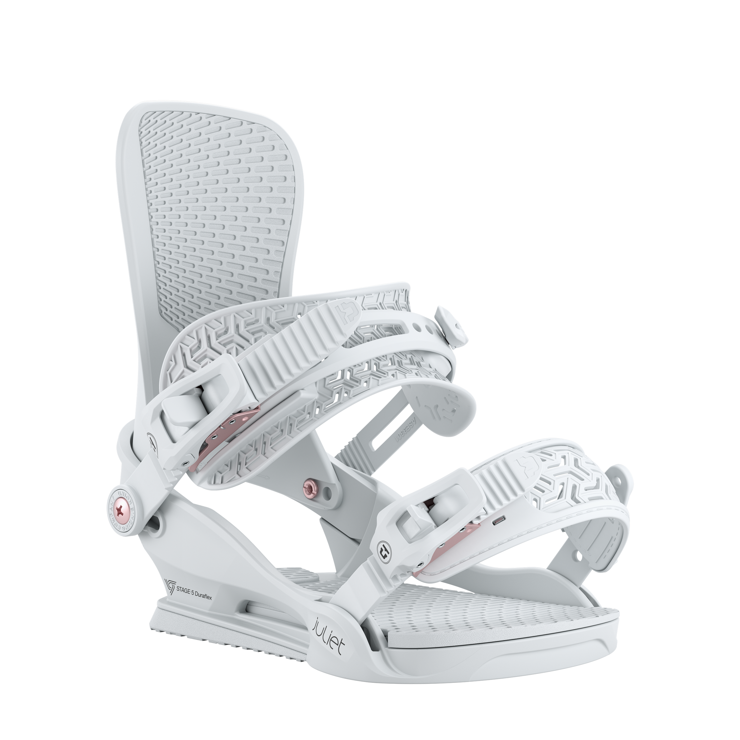 Light grey snowboard binding underside with textured traction pad and straps