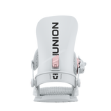 Light grey snowboard binding with tall high back, front buckle, and ankle strap
