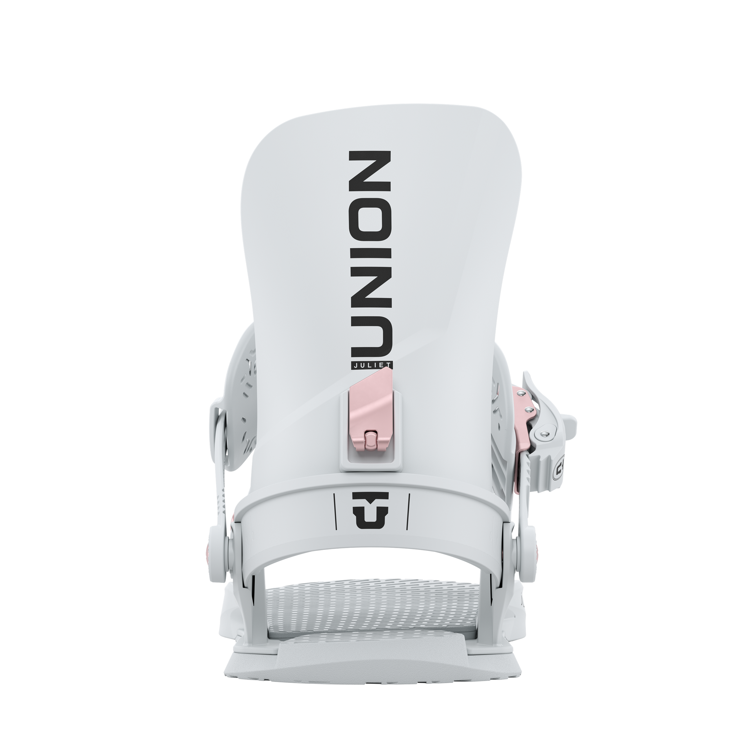 Light grey snowboard binding with tall high back, front buckle, and ankle strap