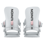 Pair of light grey snowboard bindings front view with pink accents and molded high backs