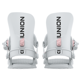 Pair of light grey snowboard bindings front view with pink accents and molded high backs