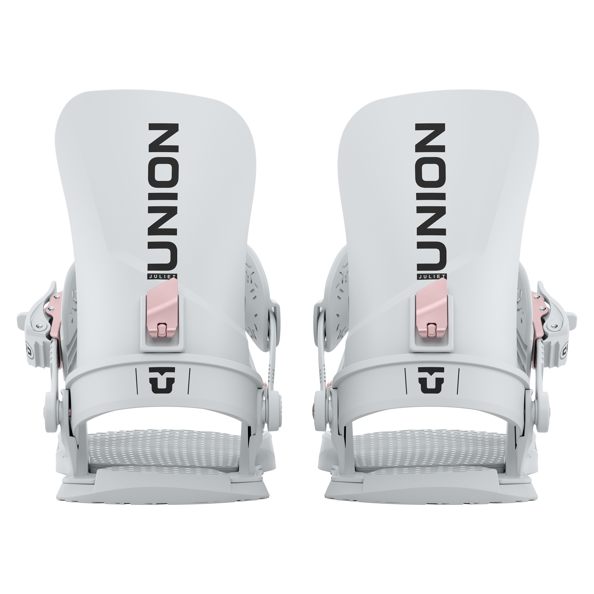 Pair of light grey snowboard bindings front view with pink accents and molded high backs