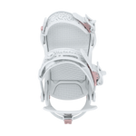 Light grey snowboard binding angled view showing high back, foot strap, and base