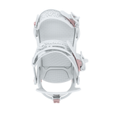 Light grey snowboard binding angled view showing high back, foot strap, and base