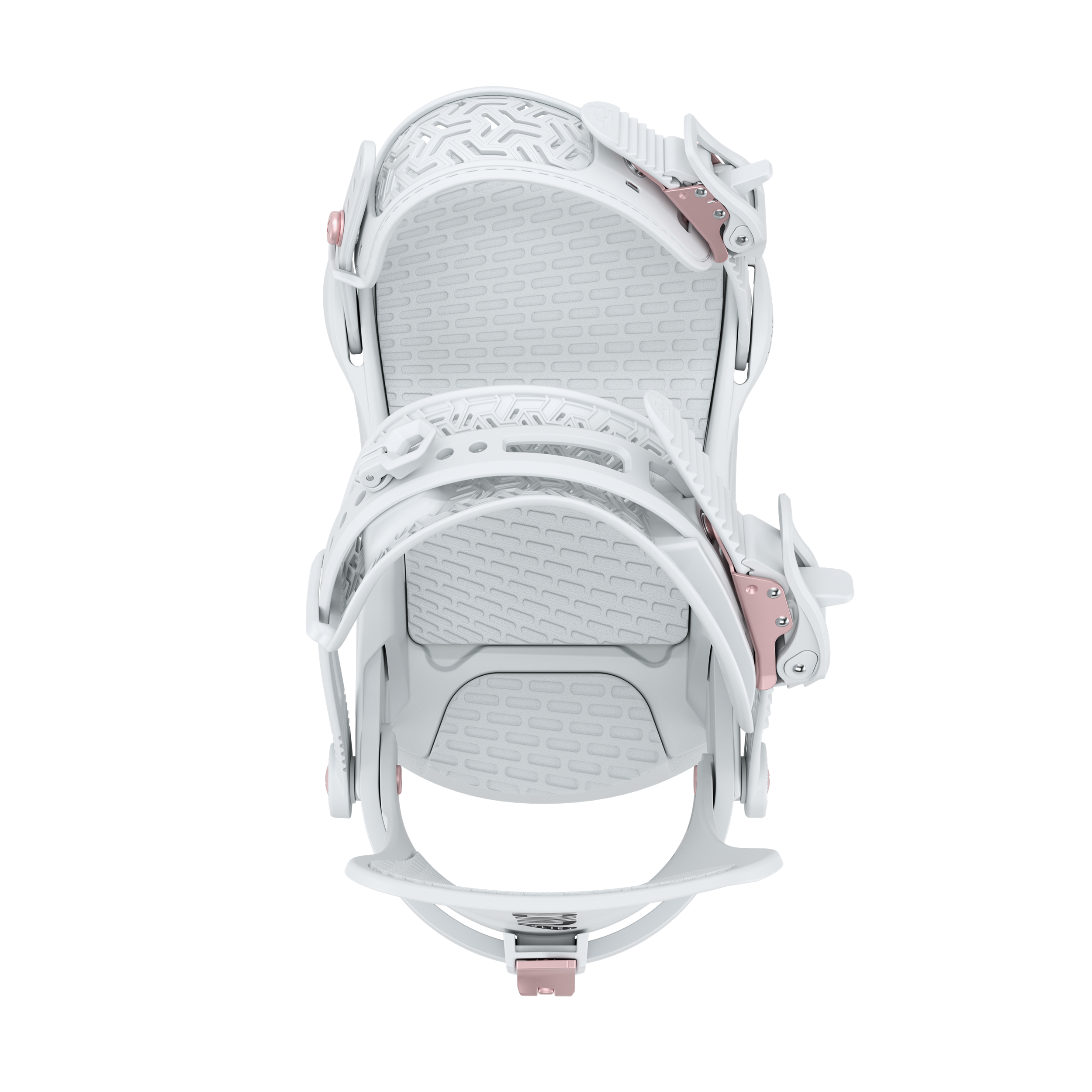 Light grey snowboard binding angled view showing high back, foot strap, and base